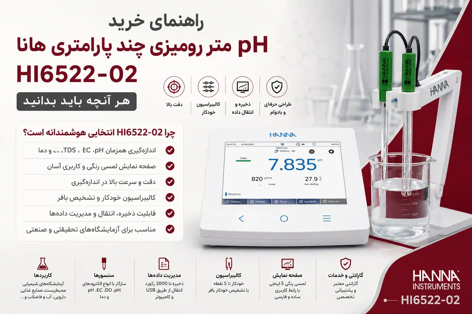 راهنمای خرید pH متر رومیزی چند پارامتری هانا HI6522-02؛ هر آنچه باید بدانید