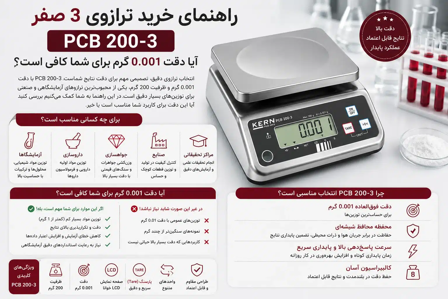 راهنمای خرید ترازوی 3 صفر PCB 200-3؛ آیا دقت 0.001 گرم برای شما کافی است؟
